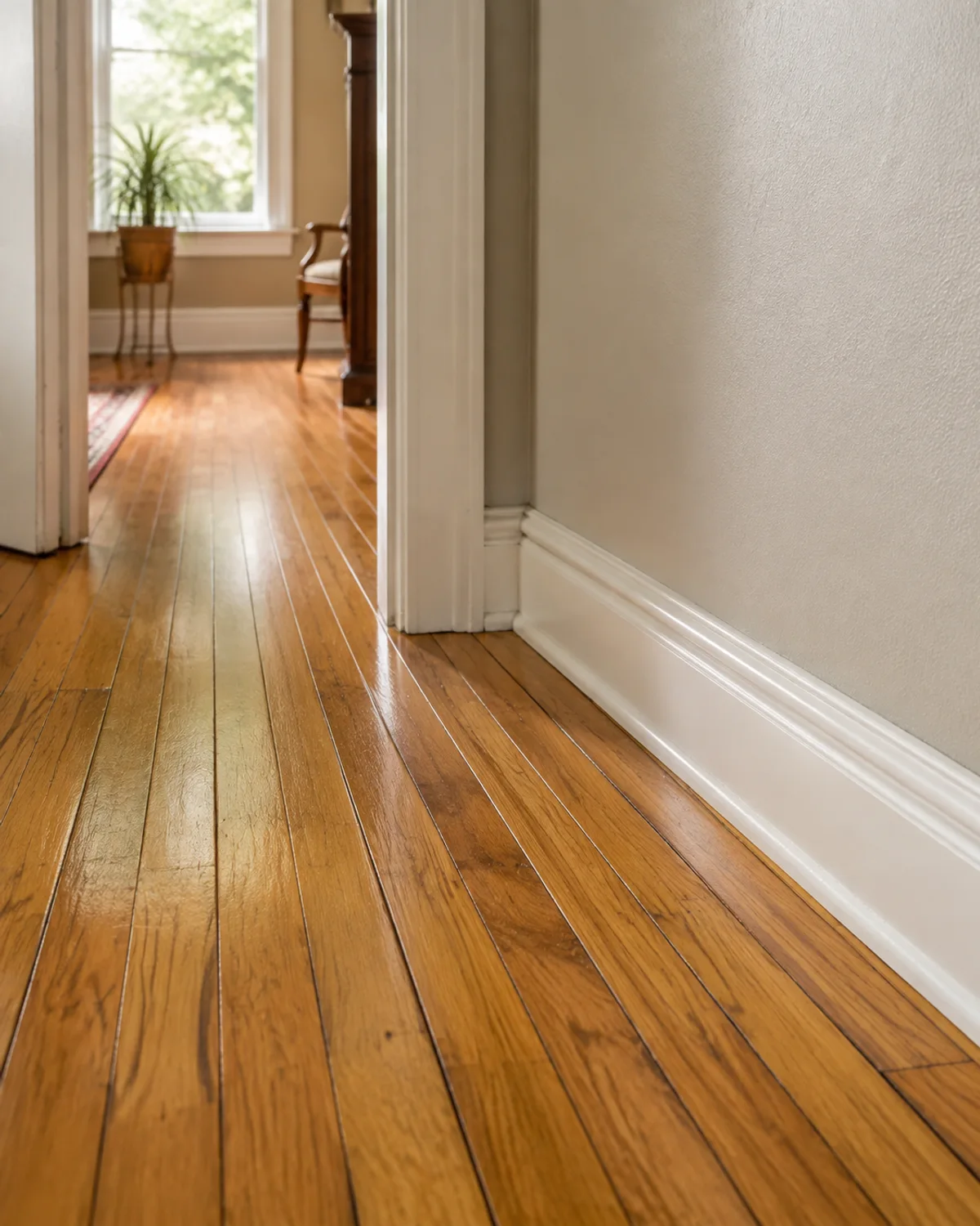 Clean hardwood flooring and freshly detailed white baseboard in a home.
