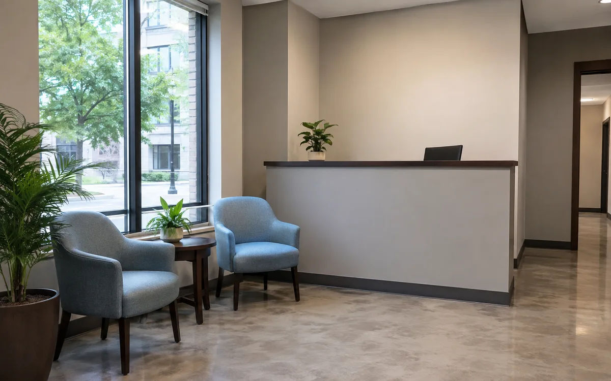 Clean business lobby with two blue visitor chairs, a plain reception counter, and polished hard flooring.
