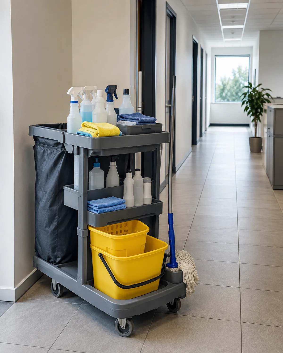 Janitorial cart with plain bottles, folded cloths, a yellow bucket, and a mop in a clean office corridor.