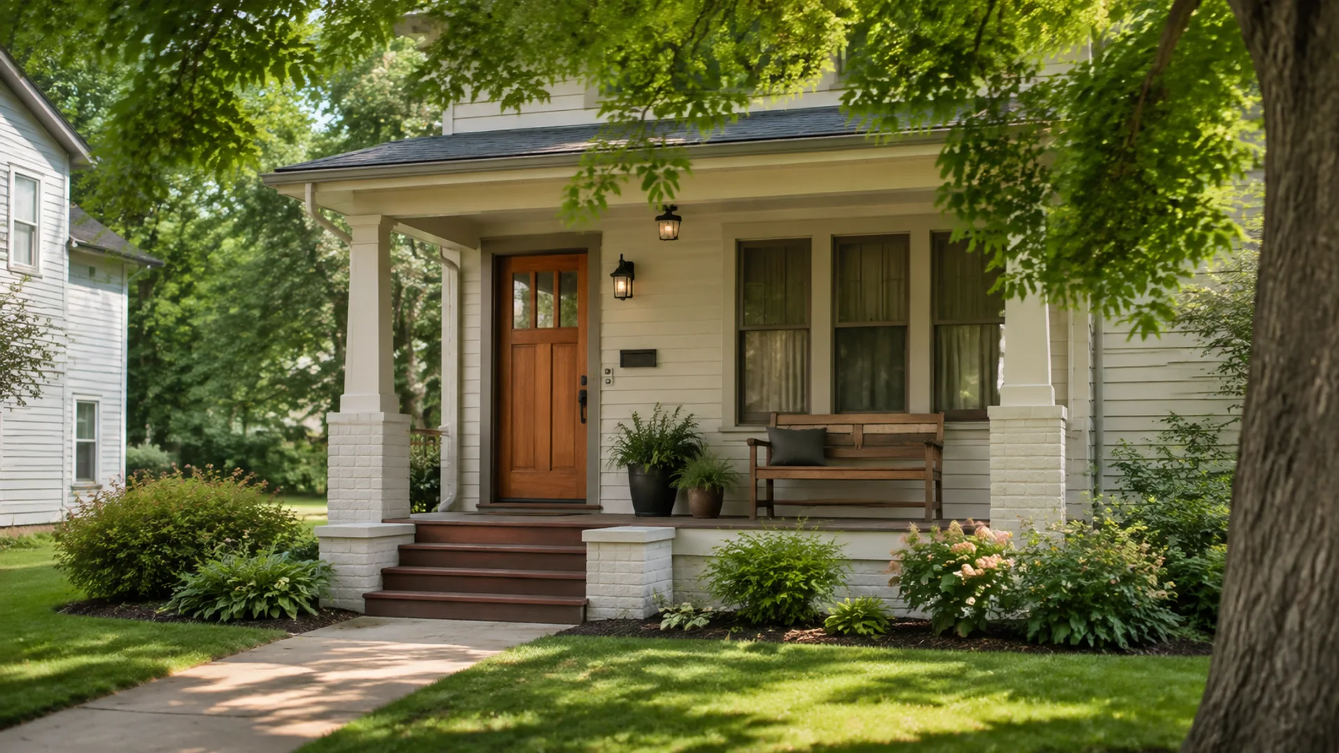 Well-kept residential porch in a leafy Michigan neighborhood.