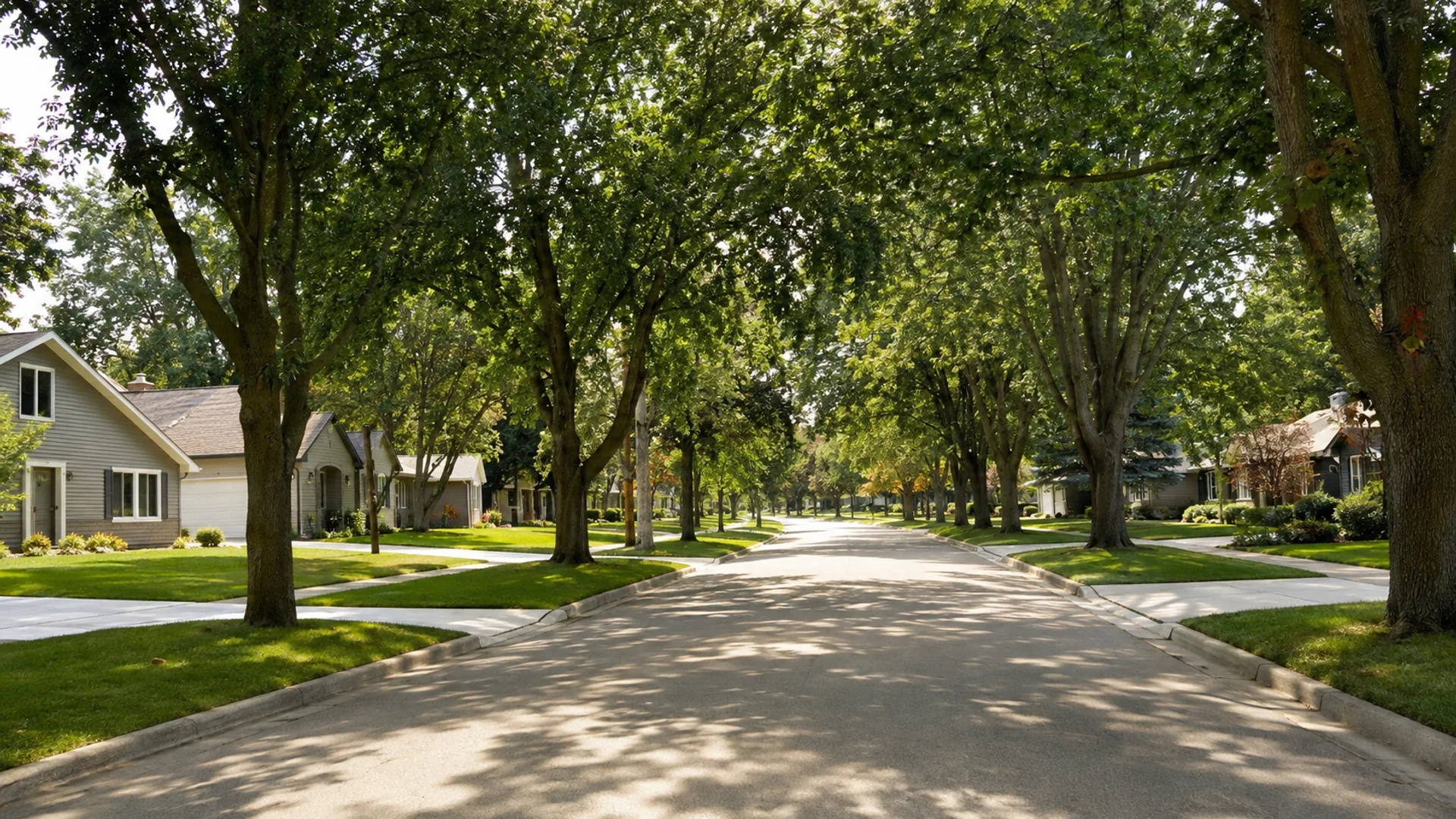Quiet tree-lined Michigan suburban street with well-kept homes and lawns.