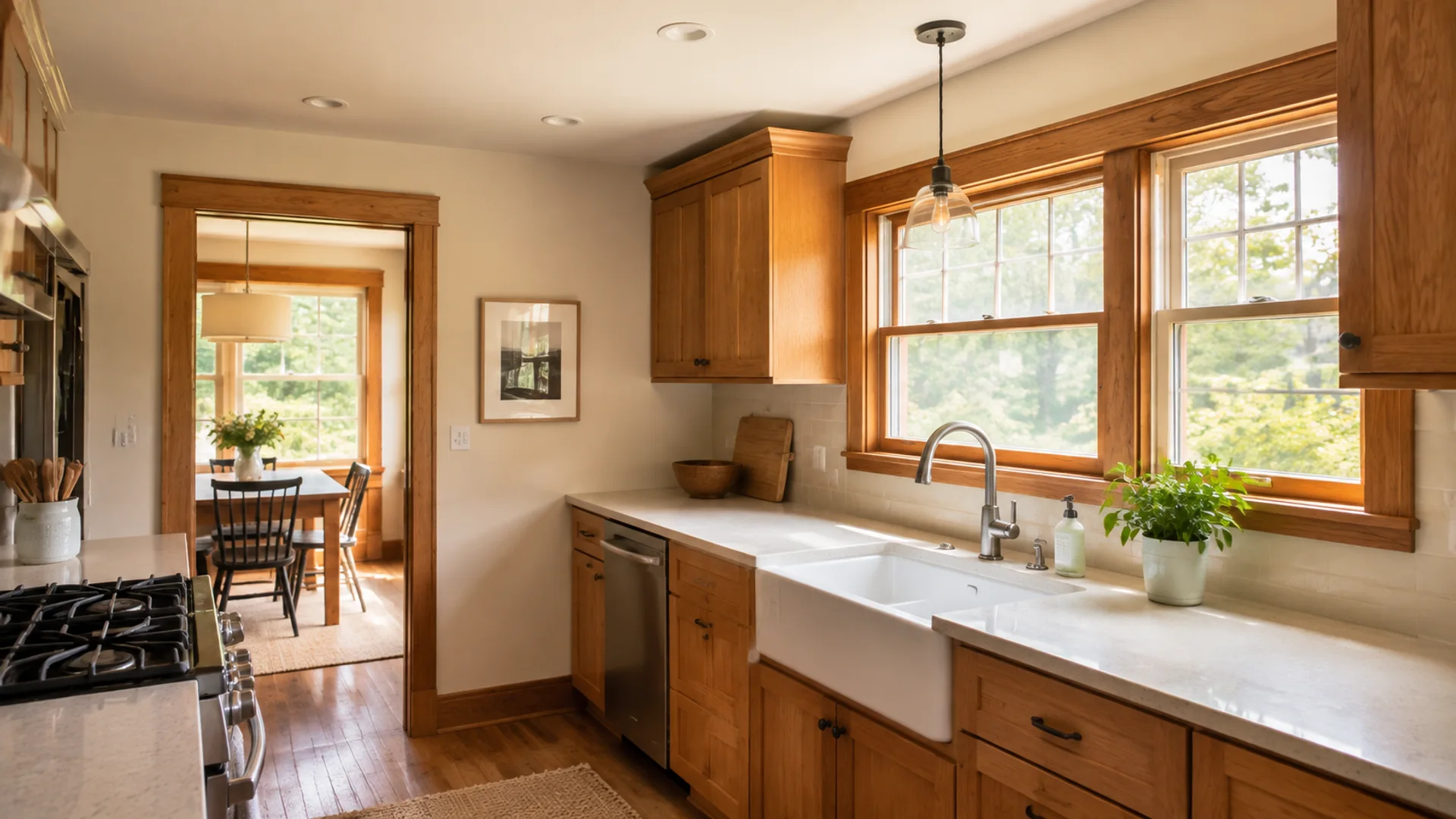 Warmly lit, clean residential kitchen with uncluttered counters.