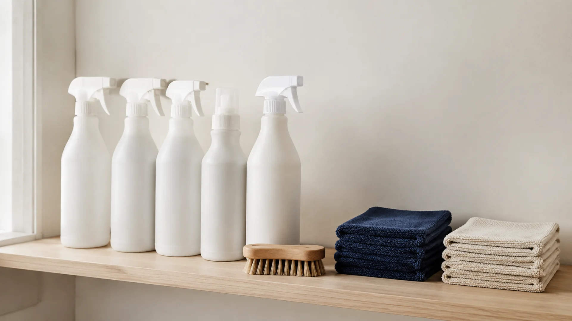 Neatly lined-up unbranded cleaning tools with folded navy and cream cloths.