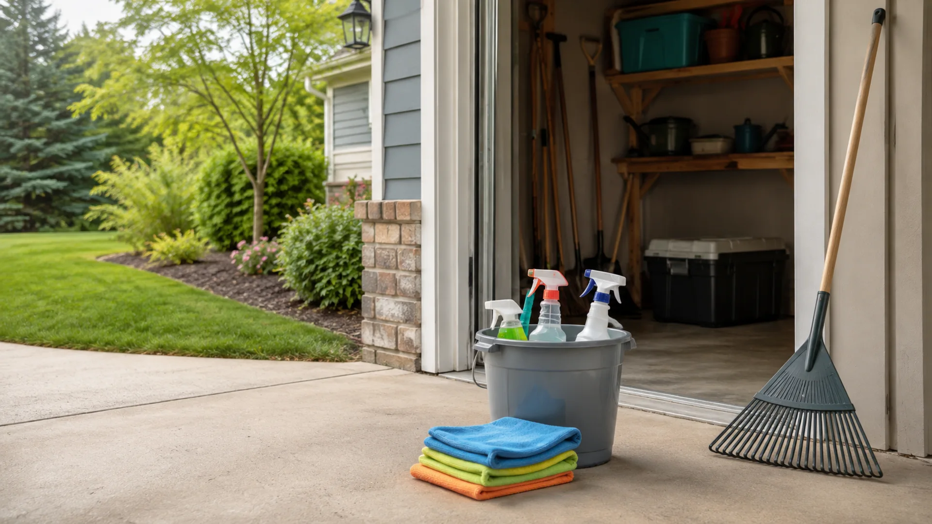 Cleaning equipment and a lawn rake beside an open residential garage.