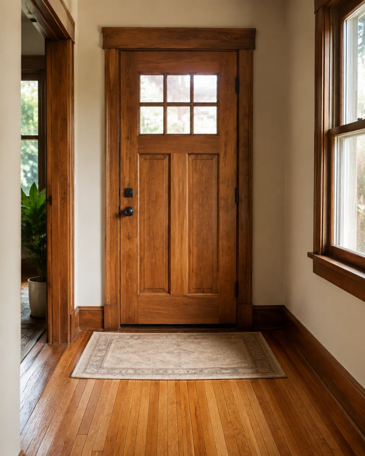 Clean wood entryway and hardwood floor in an older Midwest home.