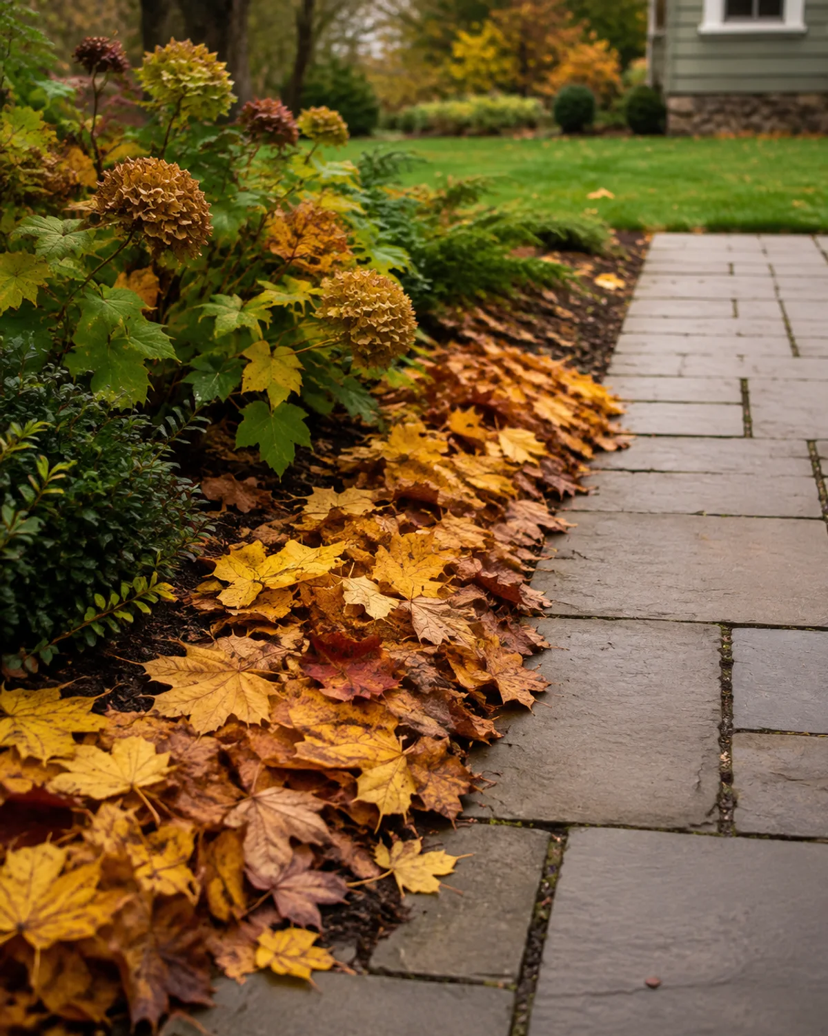 Golden and russet autumn leaves beside a tidy garden path.