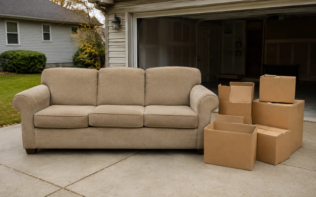 Beige sofa and plain cardboard boxes staged on a driveway beside an open garage.