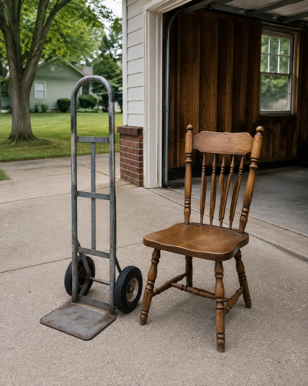 Metal moving dolly and wooden dining chair standing outside an open garage.