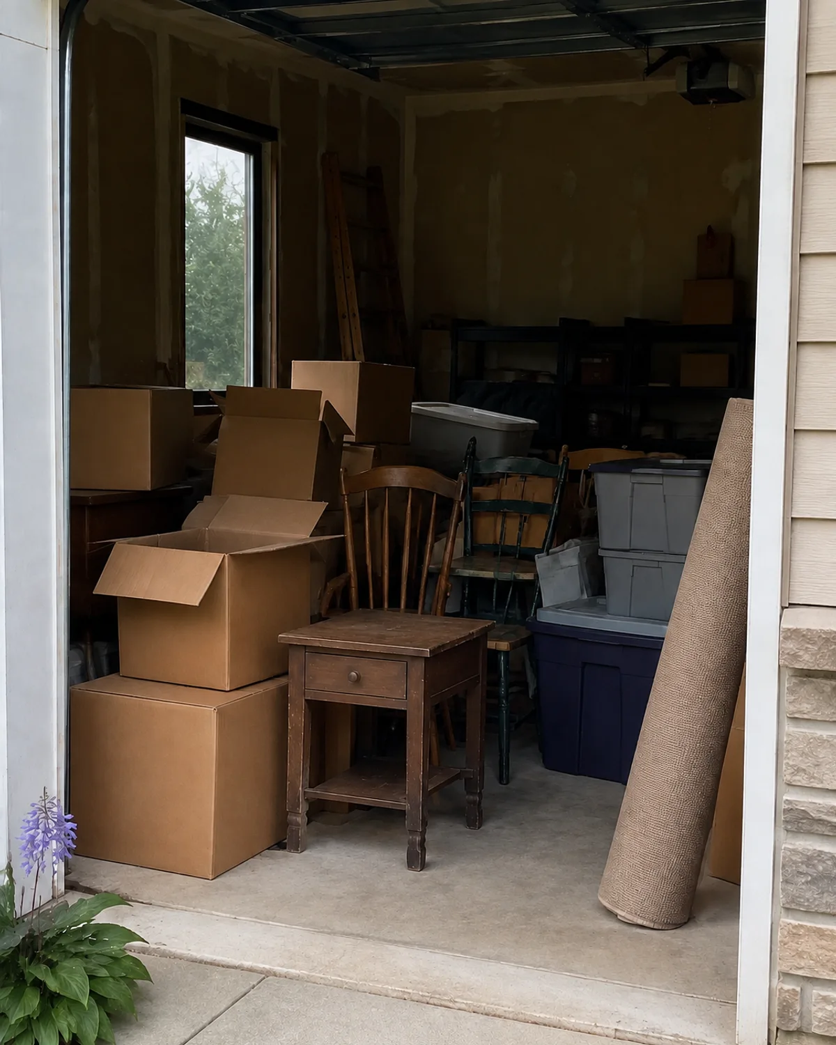 Garage crowded with plain boxes, chairs, storage tubs, a side table and a rolled rug.