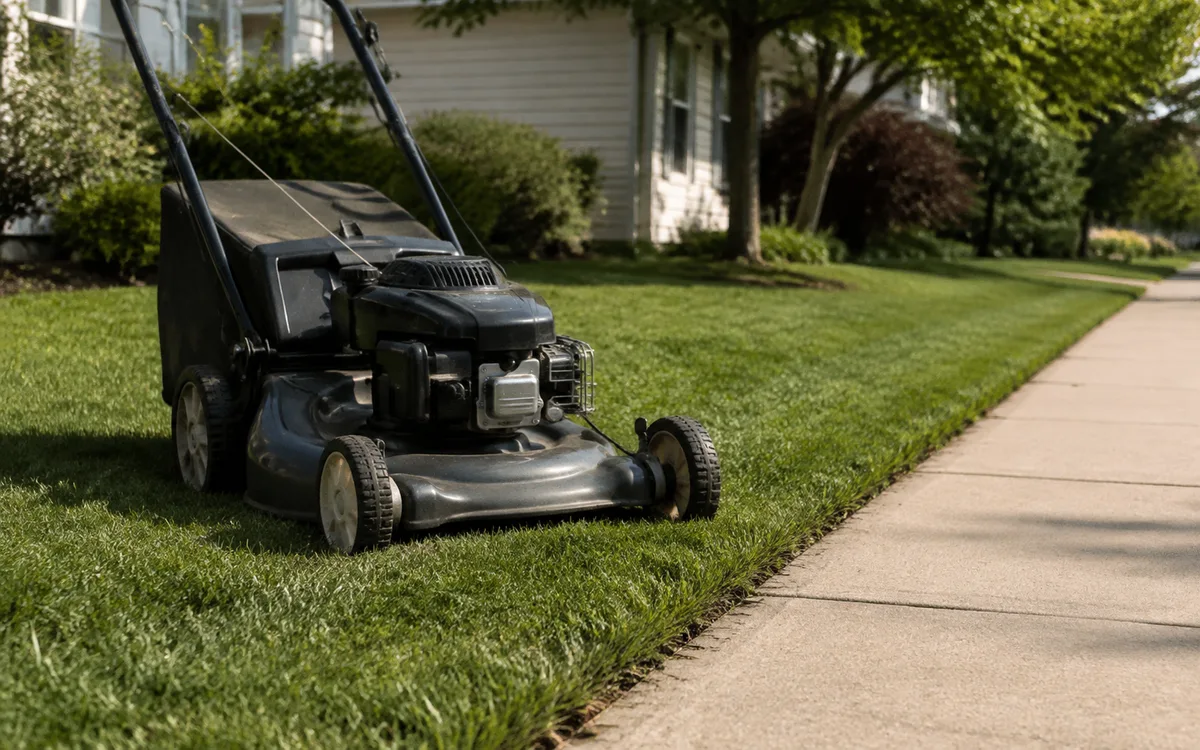 Unbranded push mower beside a neatly trimmed lawn edge and concrete sidewalk.