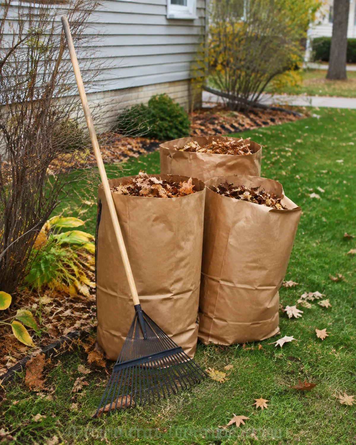 Garden rake beside three plain paper bags filled with autumn leaves.