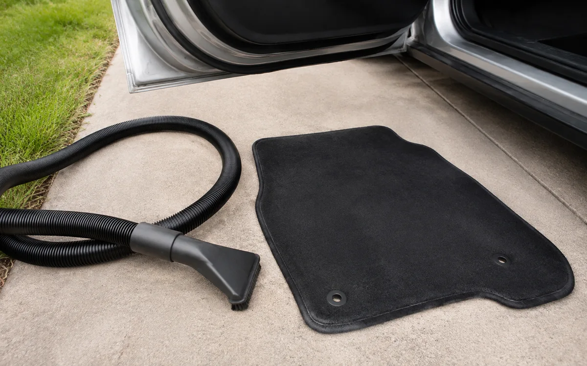 Black vacuum hose and nozzle beside a clean dark floor mat at an open car door.