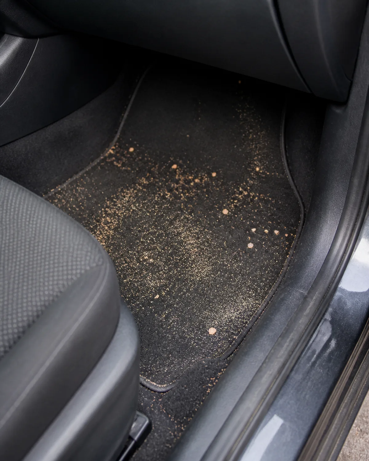 Crumbs and sand scattered across a dark passenger-side car floor mat.