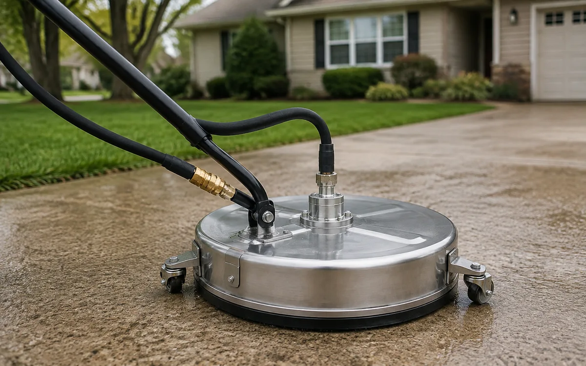 Unbranded stainless steel round surface cleaner on a damp concrete driveway with a house and lawn behind it.