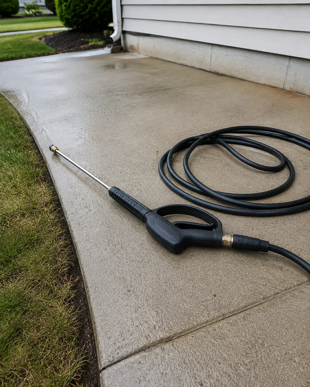 Black pressure-washer handle, metal lance, and loosely coiled hose resting on a driveway beside a siding wall.