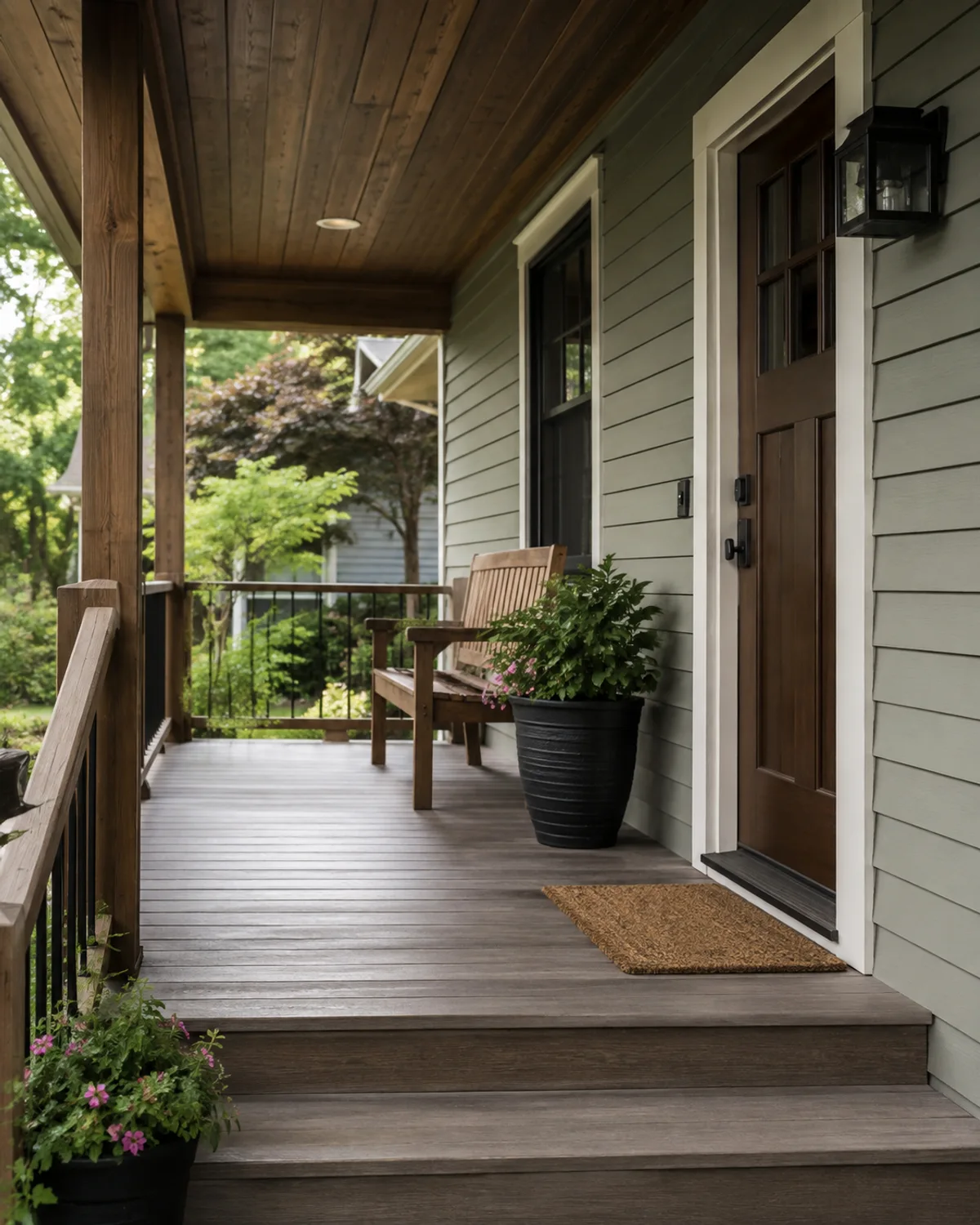 Tidy covered porch and swept entry of a welcoming Michigan home.