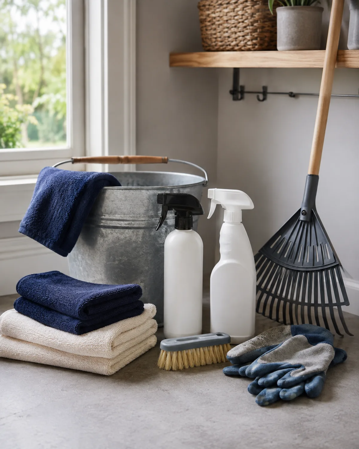 Neatly arranged unbranded cleaning and yard tools ready for property care.